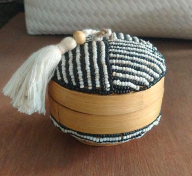 Bamboo and Black/White Beaded Balinese Box with Tassel
