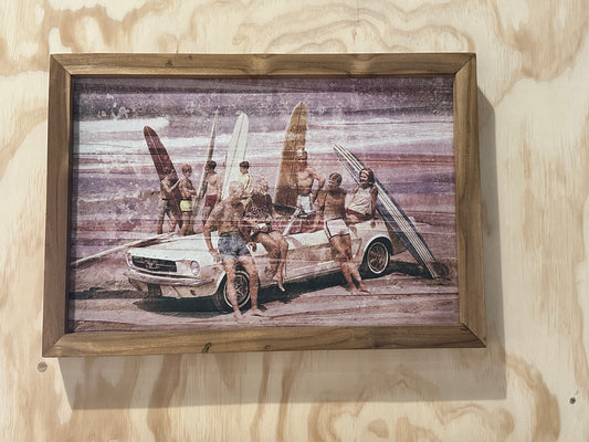 Surf Car Canvas Print on Recycled Teak Frame