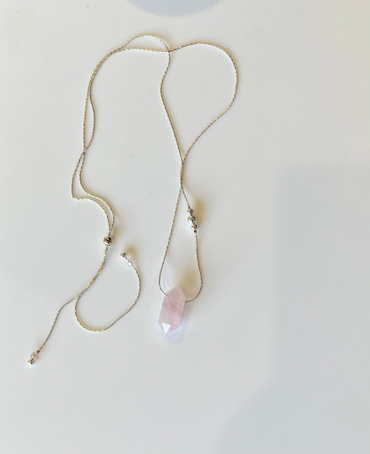 Silver Thread & Crystal 3 bead Rose Quartz Necklace